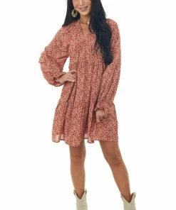 Hayden Dresses Rust Ditsy Floral Bubble Sleeve Peasant Dress 10 Hayden Dresses Rust Ditsy Floral Bubble Sleeve Peasant Dress