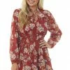 Peach Love Dresses Rust Floral Keyhole Front Bubble Sleeve Dress