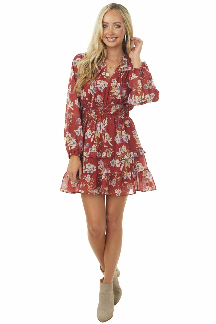 Peach Love Dresses Rust Floral Keyhole Front Bubble Sleeve Dress 4 Peach Love Dresses Rust Floral Keyhole Front Bubble Sleeve Dress