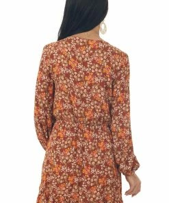 Peach Love Rust Floral Long Sleeve Mini Dress With Tie Dresses 12 Peach Love Rust Floral Long Sleeve Mini Dress With Tie Dresses