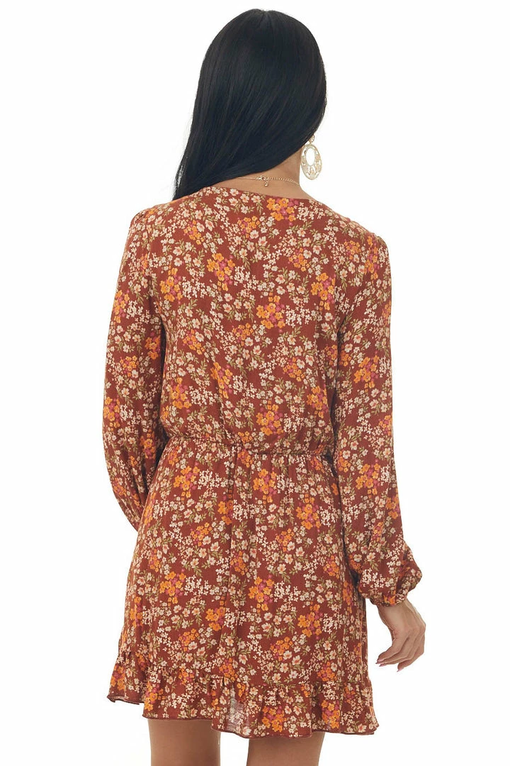Peach Love Rust Floral Long Sleeve Mini Dress With Tie Dresses 7 Peach Love Rust Floral Long Sleeve Mini Dress With Tie Dresses