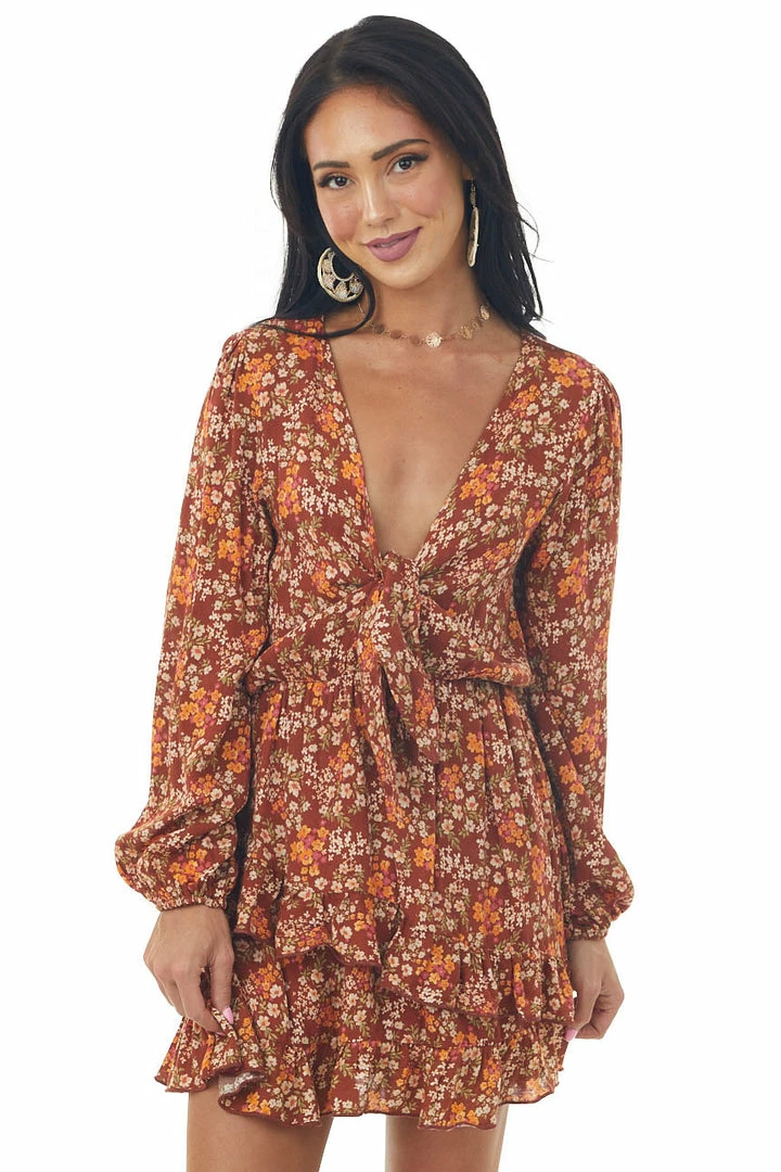 Peach Love Rust Floral Long Sleeve Mini Dress With Tie Dresses 3 Peach Love Rust Floral Long Sleeve Mini Dress With Tie Dresses