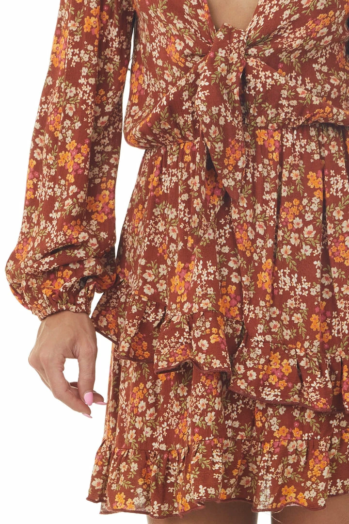 Peach Love Rust Floral Long Sleeve Mini Dress With Tie Dresses 8 Peach Love Rust Floral Long Sleeve Mini Dress With Tie Dresses