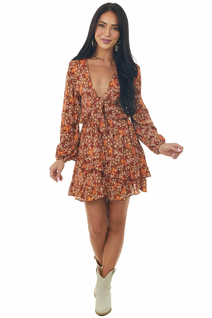Peach Love Rust Floral Long Sleeve Mini Dress With Tie Dresses 4 Peach Love Rust Floral Long Sleeve Mini Dress With Tie Dresses