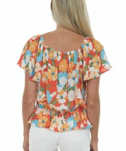 FSL APPAREL Tops Rust Floral Print Ruched Front Short Sleeve Top