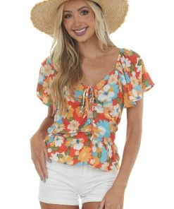 FSL APPAREL Tops Rust Floral Print Ruched Front Short Sleeve Top