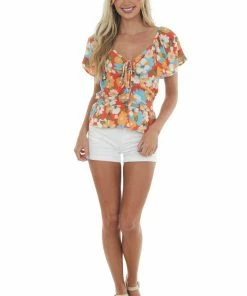 FSL APPAREL Tops Rust Floral Print Ruched Front Short Sleeve Top