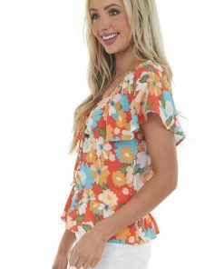 FSL APPAREL Tops Rust Floral Print Ruched Front Short Sleeve Top