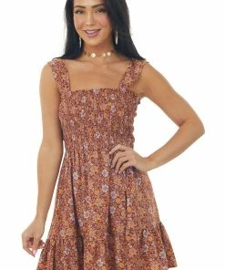 Lush Clothing Rust Floral Print Smocked Sleeveless Mini Dress