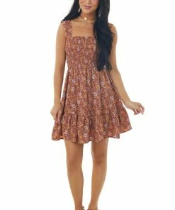 Lush Clothing Rust Floral Print Smocked Sleeveless Mini Dress