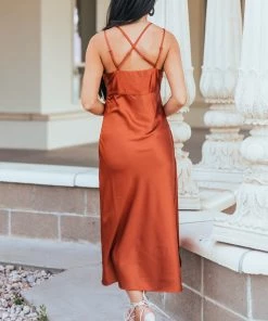 Skies Are Blue Rust Satin Sleeveless V Neck Surplice Midi Dress