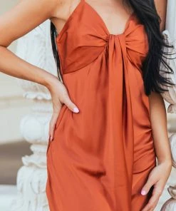 Skies Are Blue Rust Satin Sleeveless V Neck Surplice Midi Dress