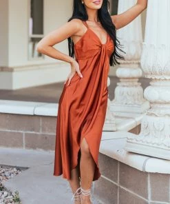 Skies Are Blue Rust Satin Sleeveless V Neck Surplice Midi Dress