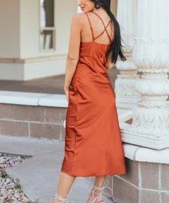Skies Are Blue Rust Satin Sleeveless V Neck Surplice Midi Dress
