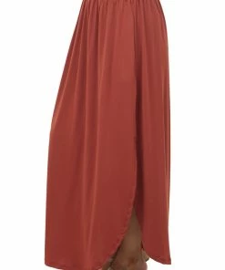 Ninexis Rust Smocked Waist Curved Hem Slit Maxi Skirt Bottoms