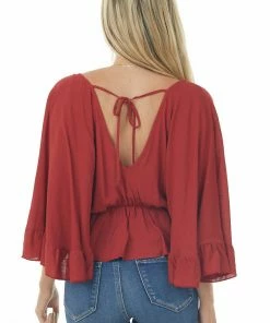 Peach Love Blouses Rust Surplice Flutter Sleeve Peplum Blouse