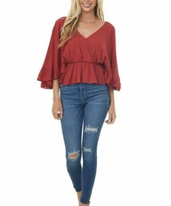 Peach Love Blouses Rust Surplice Flutter Sleeve Peplum Blouse