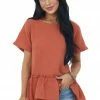 Wishlist Tops Rust Textured Woven Top With Asymmetrical Layered Peplum