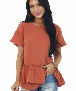 Wishlist Tops Rust Textured Woven Top With Asymmetrical Layered Peplum