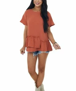 Wishlist Tops Rust Textured Woven Top With Asymmetrical Layered Peplum