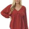 143 Story Rust V Neck Babydoll Puff Sleeve Flowy Top Tops