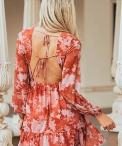 Peach Love Rust Floral Print Long Sleeve Woven Mini Dress Dresses