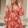 Peach Love Rust Floral Print Long Sleeve Woven Mini Dress Dresses