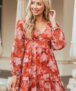 Peach Love Rust Floral Print Long Sleeve Woven Mini Dress Dresses