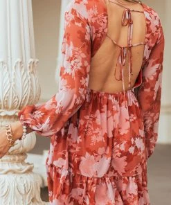 Peach Love Rust Floral Print Long Sleeve Woven Mini Dress Dresses