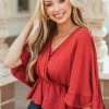 Peach Love Blouses Rust Surplice Flutter Sleeve Peplum Blouse
