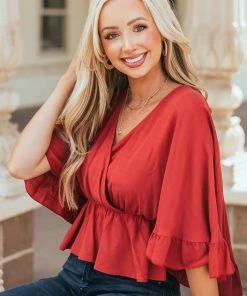 Peach Love Blouses Rust Surplice Flutter Sleeve Peplum Blouse