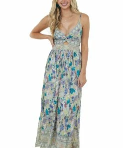 ANGIE Dresses Sage Abstract Floral Print Sleeveless Maxi Dress