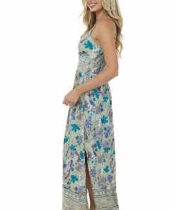 ANGIE Dresses Sage Abstract Floral Print Sleeveless Maxi Dress