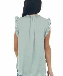 L Love Sage Cap Sleeve Ruffle Trim Satin Blouse Tops