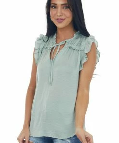 L Love Sage Cap Sleeve Ruffle Trim Satin Blouse Tops