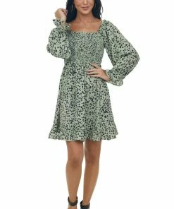 Jodifl Sage Cheetah Smocked Off Shoulder Dress Dresses