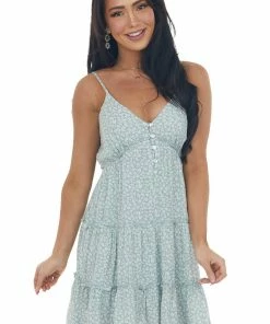 Very J Sage Ditsy Floral Button Up Sleeveless Dress Dresses