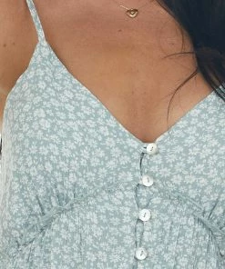 Very J Sage Ditsy Floral Button Up Sleeveless Dress Dresses