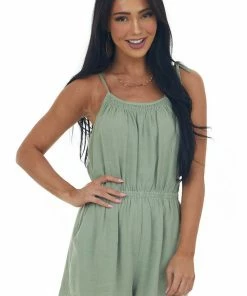 She + Sky Dresses Sage Elastic Waist Linen Cami Romper