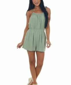 She + Sky Dresses Sage Elastic Waist Linen Cami Romper