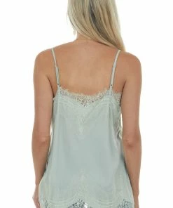Heyson Tops Sage Eyelash Lace Trim Adjustable Strap Cami