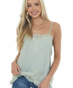 Heyson Tops Sage Eyelash Lace Trim Adjustable Strap Cami
