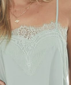 Heyson Tops Sage Eyelash Lace Trim Adjustable Strap Cami