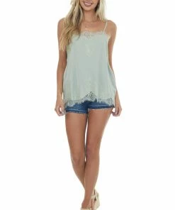 Heyson Tops Sage Eyelash Lace Trim Adjustable Strap Cami