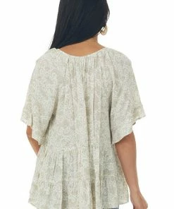 Lush Clothing Sage Faded Paisley Ruffle Tiered Short Sleeve Top Tops
