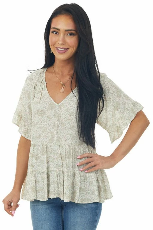 Lush Clothing Sage Faded Paisley Ruffle Tiered Short Sleeve Top Tops 1 Lush Clothing Sage Faded Paisley Ruffle Tiered Short Sleeve Top Tops