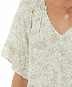 Lush Clothing Sage Faded Paisley Ruffle Tiered Short Sleeve Top Tops