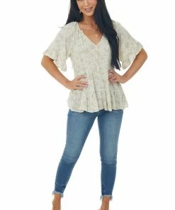 Lush Clothing Sage Faded Paisley Ruffle Tiered Short Sleeve Top Tops