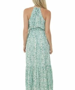 Lush Clothing Sage Floral Halter Neck Smocked Waist Maxi Dress Dresses