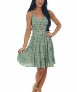 ANGIE Sage Floral Keyhole Knot Sleeveless Mini Dress 10 ANGIE Sage Floral Keyhole Knot Sleeveless Mini Dress